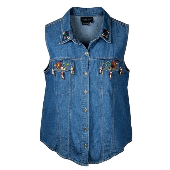 Carole Little Sport Tops - Vtg Carole Little Beaded Embellished Sleeveless‎ Blue Denim Top Sz 10 Beaded Y2K